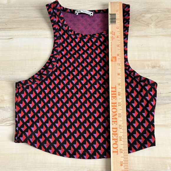 Zara Jacquard Crop Top Size Small Geometric Racerback Crop Red Pink Black - Picture 5 of 5